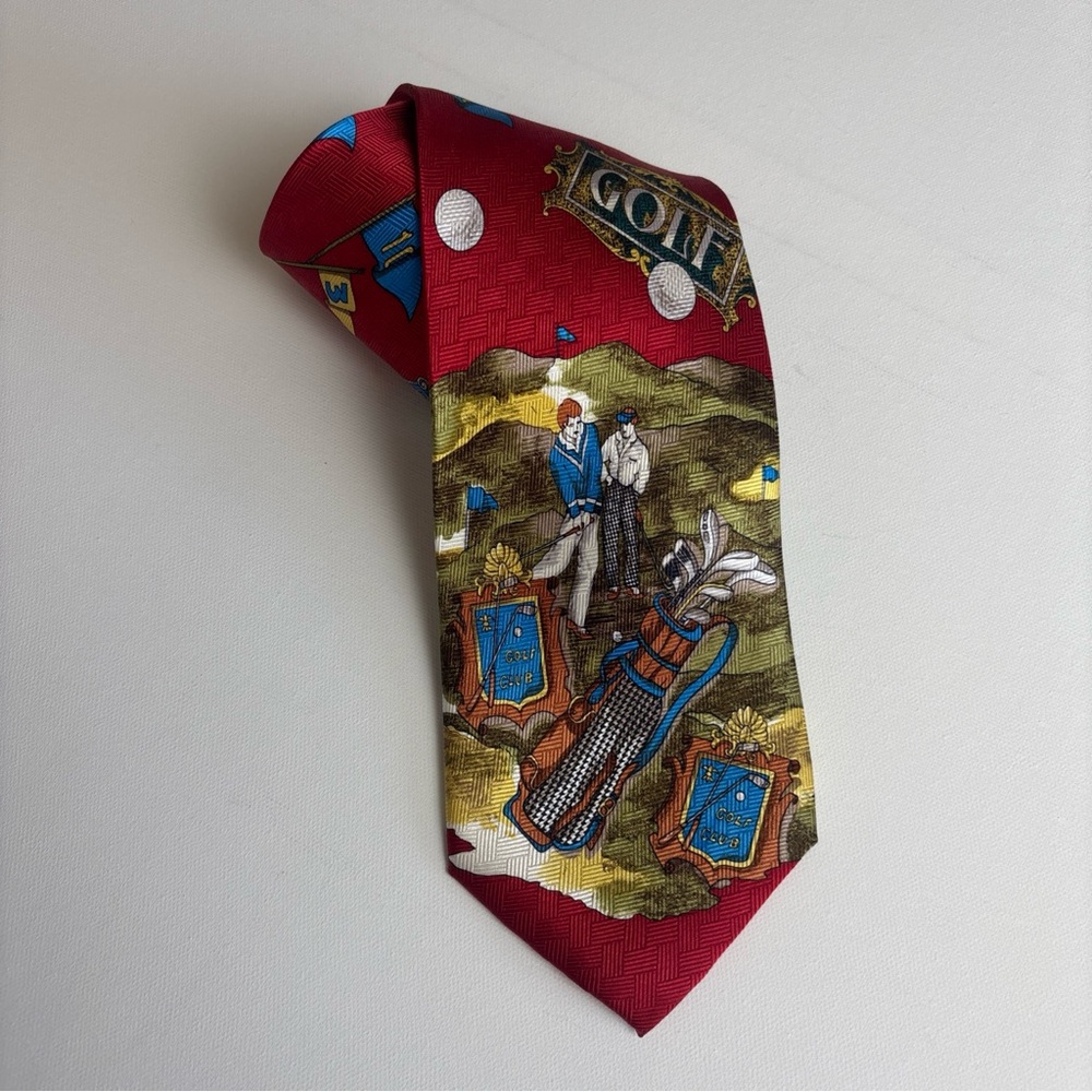 Vintage Prima Hand Made 100% Silk Men’s Neck Tie Made‎ In Korea Golf Print